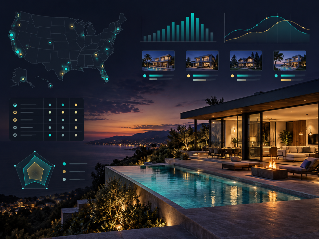 STR market and property analysis with U.S. map, performance charts, and luxury rental property